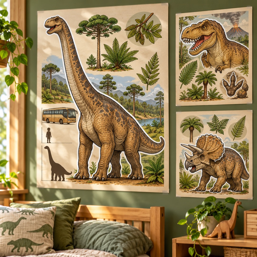 Cartazes de dinossauros na parede do quarto com comparação de tamanho