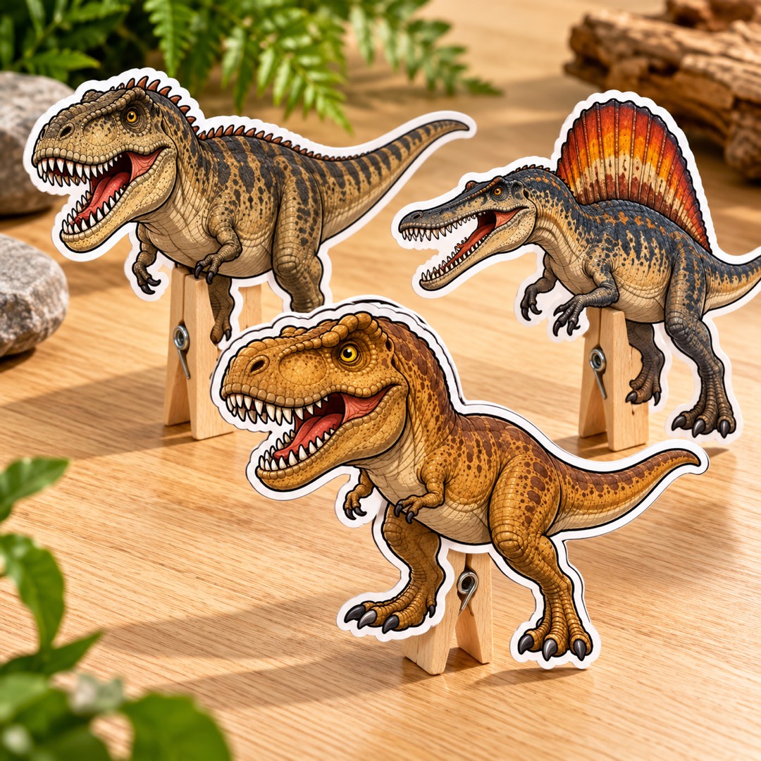 T-Rex, Giganotossauro e Espinossauro de papel com prendedores