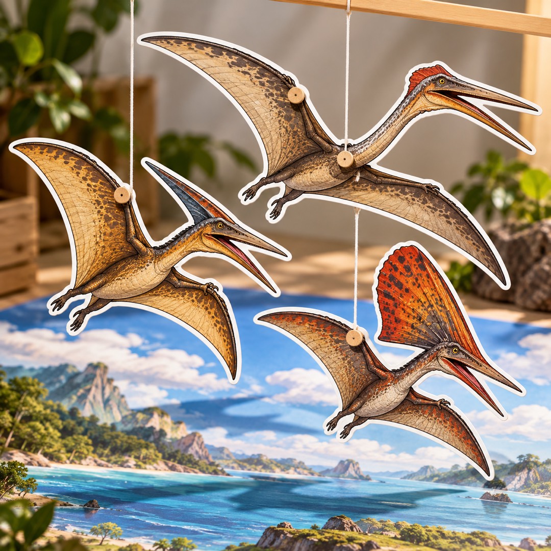 Pteranodonte, Quetzalcoatlus e Tupandactylus de papel no cenário do céu